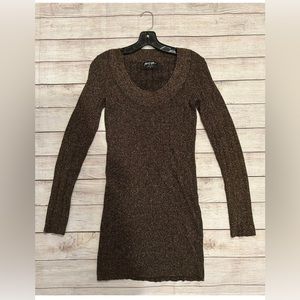 Nasty gal sz L dark gold sparkle long sleeve scoop neck stretch mini dress